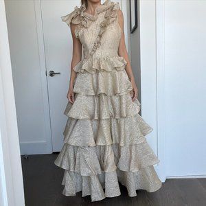 Ulla Johnson ruffle cream dark beige flower brocade formal dress